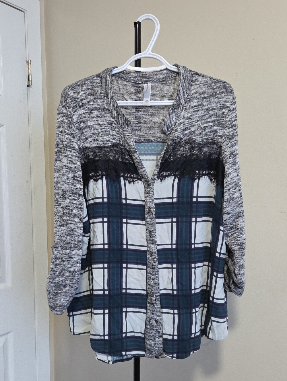 Warehouse One Button-Front Tunic with Blue-Green Plaid Panels and Lace Trim